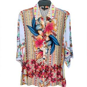 John Mark Flowered Top With Embroidered Sleeves